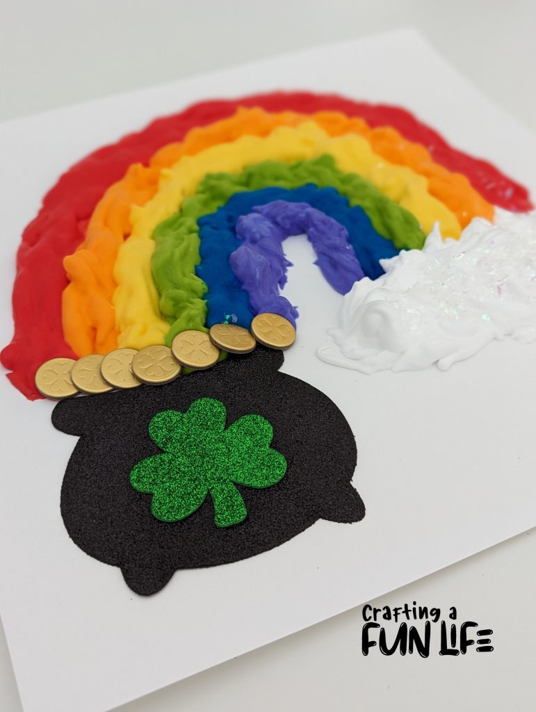 puffy paint rainbow and pot of gold craft for kids, rainbow crafts and snacks for kids, St. Patrick's Day crafts for kids, spring crafts for kids