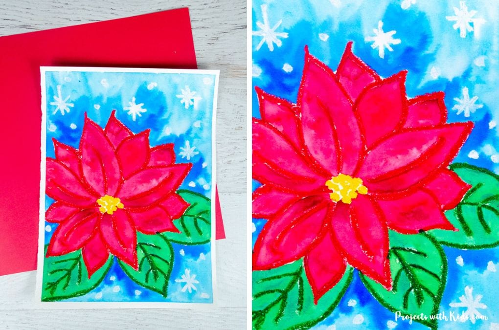 Poinsettia art project with watercolors and oil pastels.