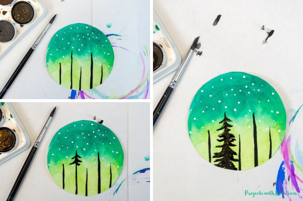 Painting on trees to a colorful sky background, Christmas ornament craft