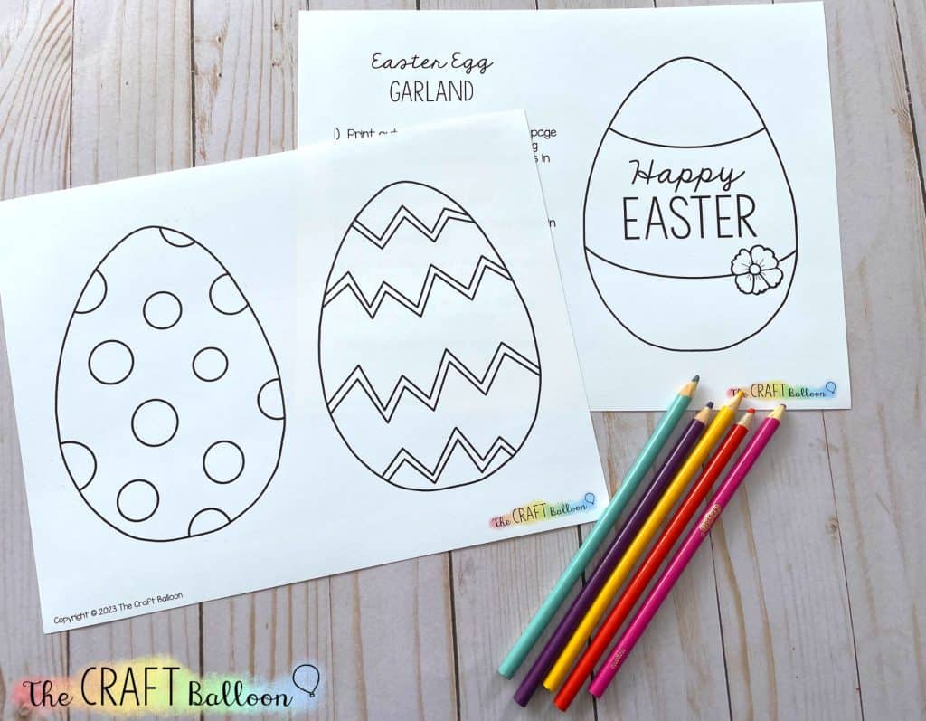 Two page Easter egg garland template with colouring pencils.