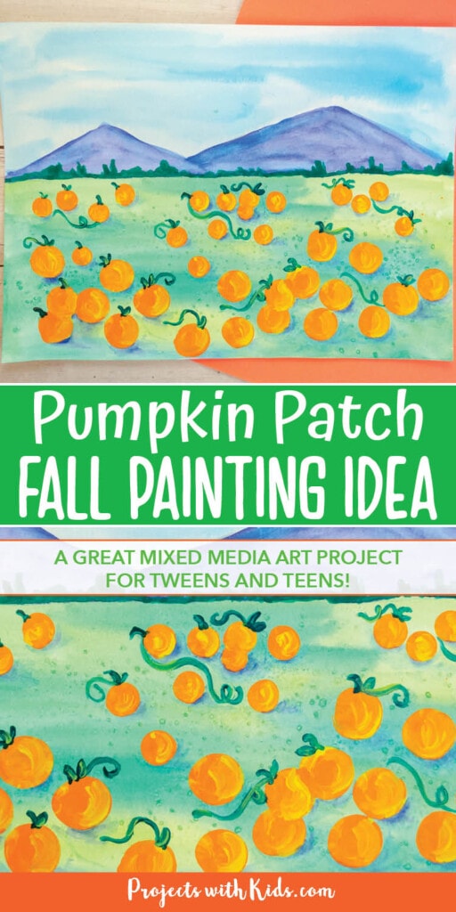 pumpkin patch art project with cork stamped pumpkins. Fall painting idea for kids