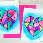 2 examples of a geometric heart painting using watercolors and oil pastels kids art project idea for Valentine's Day.