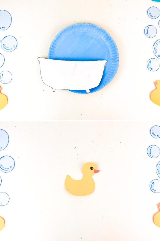 glue bathtub template to paper plate, assemble yellow duck