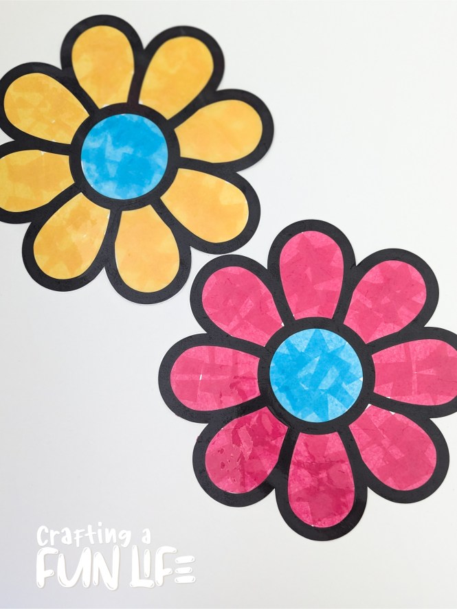 30 Spring Crafts and Activities for kids including butterfly life cycle paper plate craft, fizzy flower painting, flower suncatcher and so much more, DIY flower suncatcher craft for kids